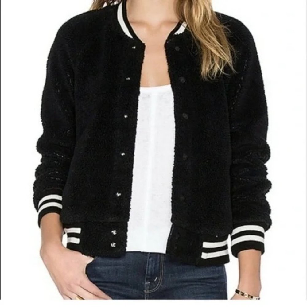 MOTHER THE LETTERMAN SHERPA SNAP VARSITY JACKET BLACK WOMEN’S SMALL RETAIL $345